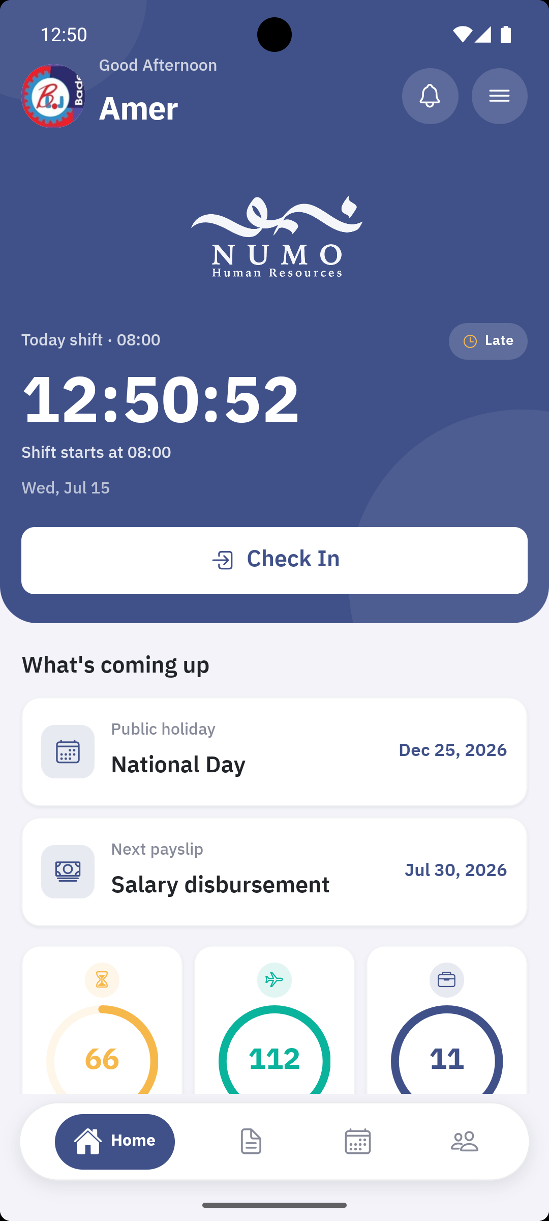 Numo mobile app home screen with check-in, upcoming events and leave balances